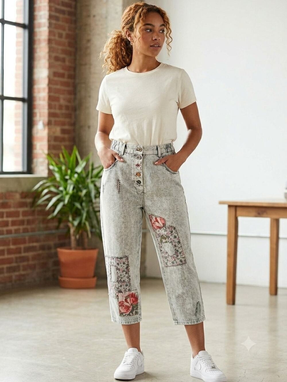 Paper Lace Light Gray Pink Floral Patchwork Cotton Pants Jeans Medium